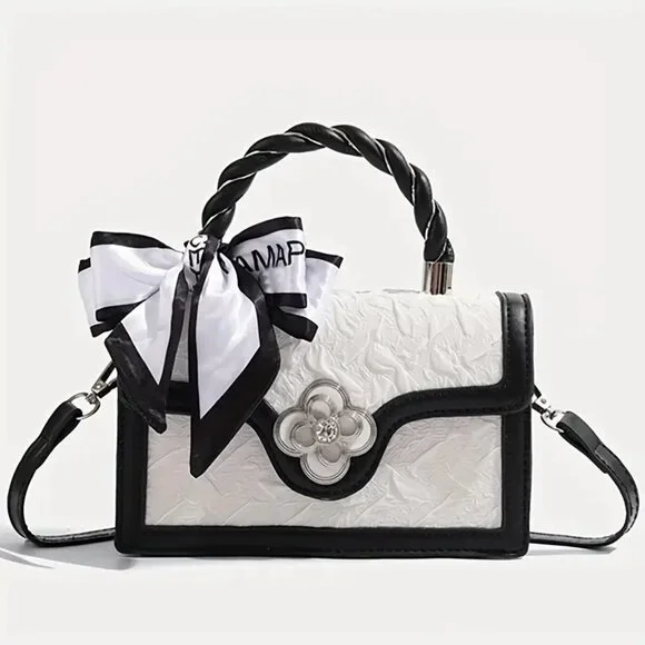 Chic Black/White Textures Floral Mini Crossbody Top Handle Bag w/Twilly - Picture 4 of 13